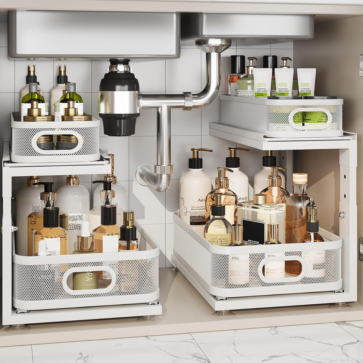 Under Sink Organizer With Next-Gen Ball-Bearing Slides,2-Tier Precision Mesh Pull Out Cabinet Drawers Storage for Bathroom&Kitchen,Height Adjustable Shelf,Rust-resistant-Patent Pending