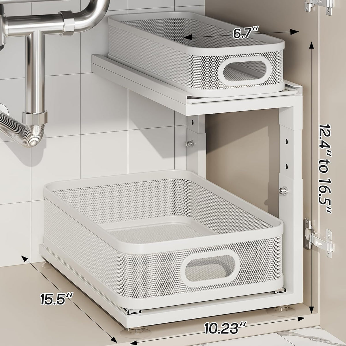 Under Sink Organizer With Next-Gen Ball-Bearing Slides,2-Tier Precision Mesh Pull Out Cabinet Drawers Storage for Bathroom&Kitchen,Height Adjustable Shelf,Rust-resistant-Patent Pending