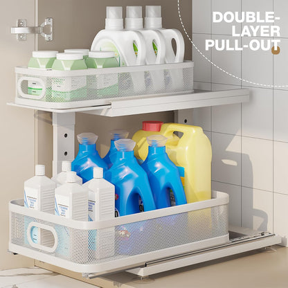 Under Sink Organizer With Next-Gen Ball-Bearing Slides,2-Tier Precision Mesh Pull Out Cabinet Drawers Storage for Bathroom&Kitchen,Height Adjustable Shelf,Rust-resistant-Patent Pending