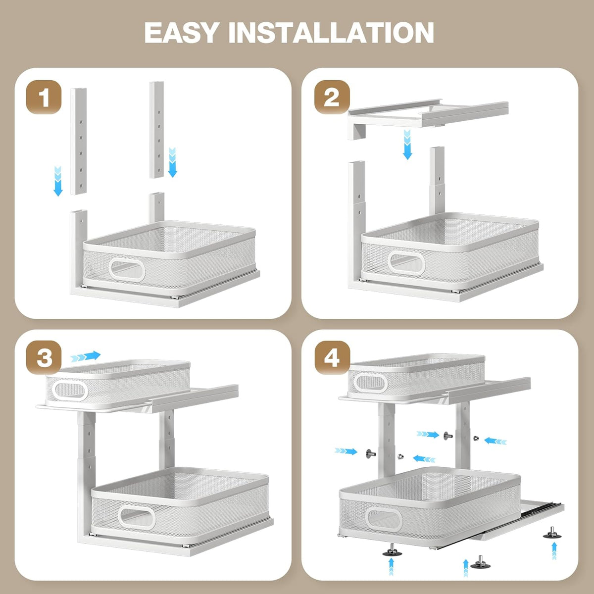 Under Sink Organizer With Next-Gen Ball-Bearing Slides,2-Tier Precision Mesh Pull Out Cabinet Drawers Storage for Bathroom&Kitchen,Height Adjustable Shelf,Rust-resistant-Patent Pending