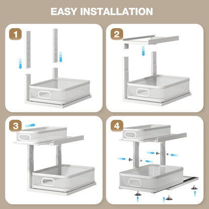 Under Sink Organizer With Next-Gen Ball-Bearing Slides,2-Tier Precision Mesh Pull Out Cabinet Drawers Storage for Bathroom&Kitchen,Height Adjustable Shelf,Rust-resistant-Patent Pending