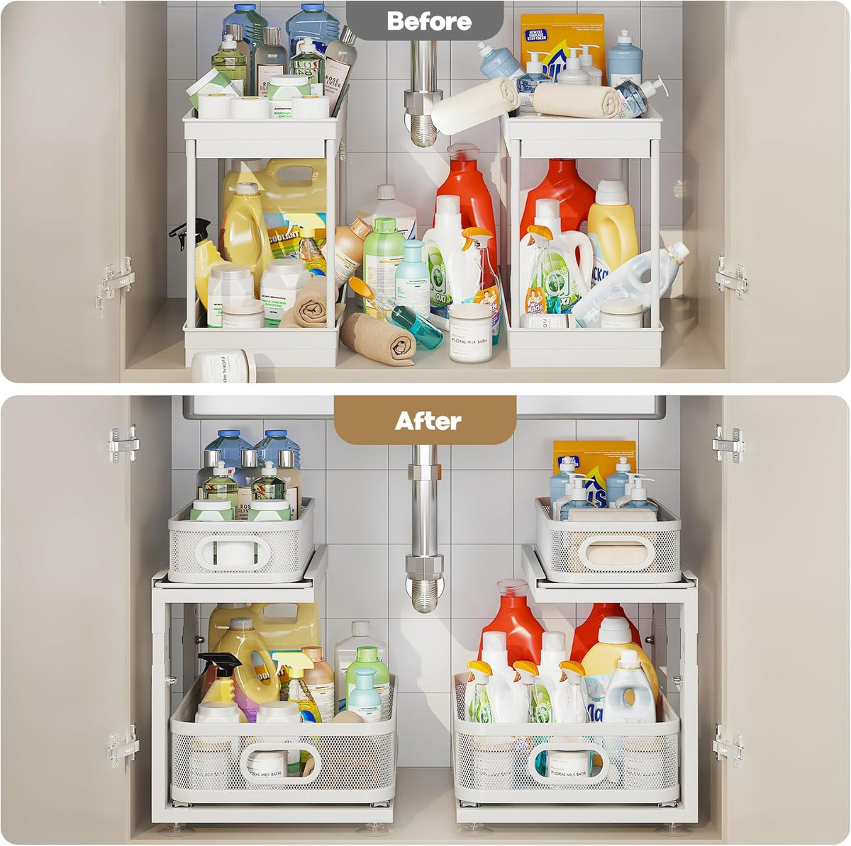 Under Sink Organizer With Next-Gen Ball-Bearing Slides,2-Tier Precision Mesh Pull Out Cabinet Drawers Storage for Bathroom&Kitchen,Height Adjustable Shelf,Rust-resistant-Patent Pending