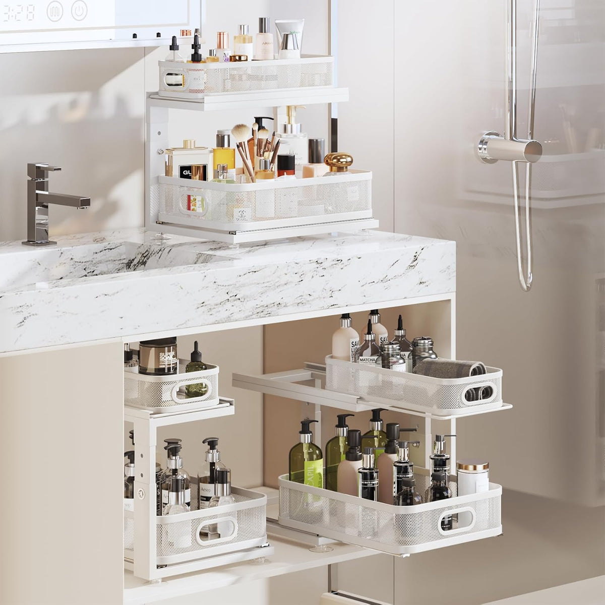 Under Sink Organizer With Next-Gen Ball-Bearing Slides,2-Tier Precision Mesh Pull Out Cabinet Drawers Storage for Bathroom&Kitchen,Height Adjustable Shelf,Rust-resistant-Patent Pending