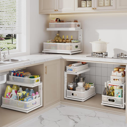 Under Sink Organizer With Next-Gen Ball-Bearing Slides,2-Tier Precision Mesh Pull Out Cabinet Drawers Storage for Bathroom&Kitchen,Height Adjustable Shelf,Rust-resistant-Patent Pending