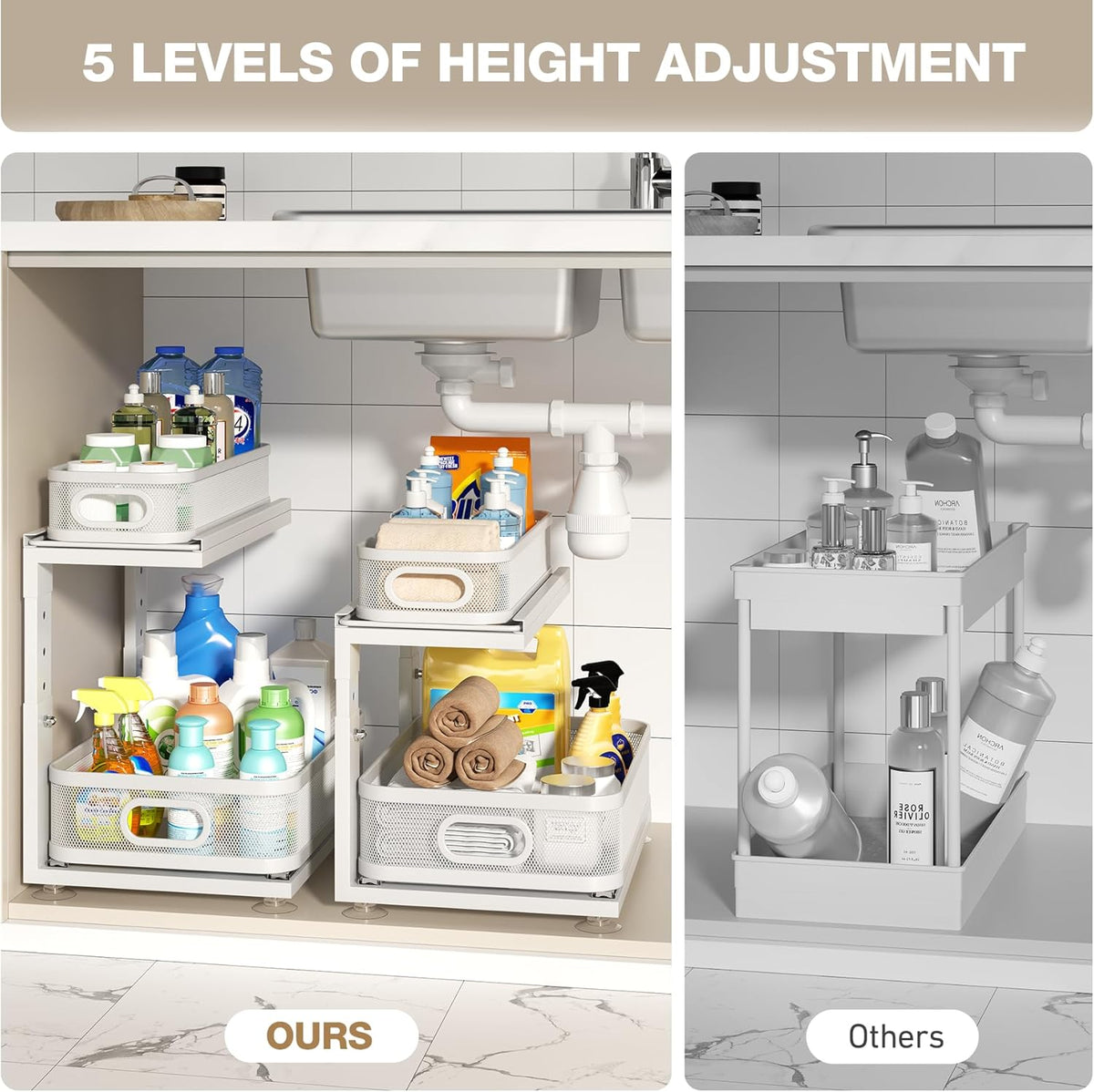 Under Sink Organizer With Next-Gen Ball-Bearing Slides,2-Tier Precision Mesh Pull Out Cabinet Drawers Storage for Bathroom&Kitchen,Height Adjustable Shelf,Rust-resistant-Patent Pending