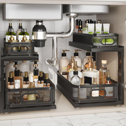 Under Sink Organizer With Next-Gen Ball-Bearing Slides,2-Tier Precision Mesh Pull Out Cabinet Drawers Storage for Bathroom&Kitchen,Height Adjustable Shelf,Rust-resistant-Patent Pending