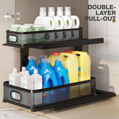 Under Sink Organizer With Next-Gen Ball-Bearing Slides,2-Tier Precision Mesh Pull Out Cabinet Drawers Storage for Bathroom&Kitchen,Height Adjustable Shelf,Rust-resistant-Patent Pending