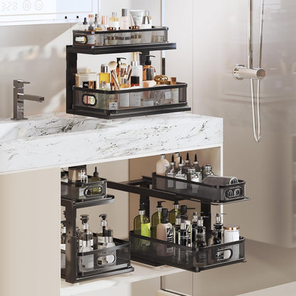 Under Sink Organizer With Next-Gen Ball-Bearing Slides,2-Tier Precision Mesh Pull Out Cabinet Drawers Storage for Bathroom&Kitchen,Height Adjustable Shelf,Rust-resistant-Patent Pending