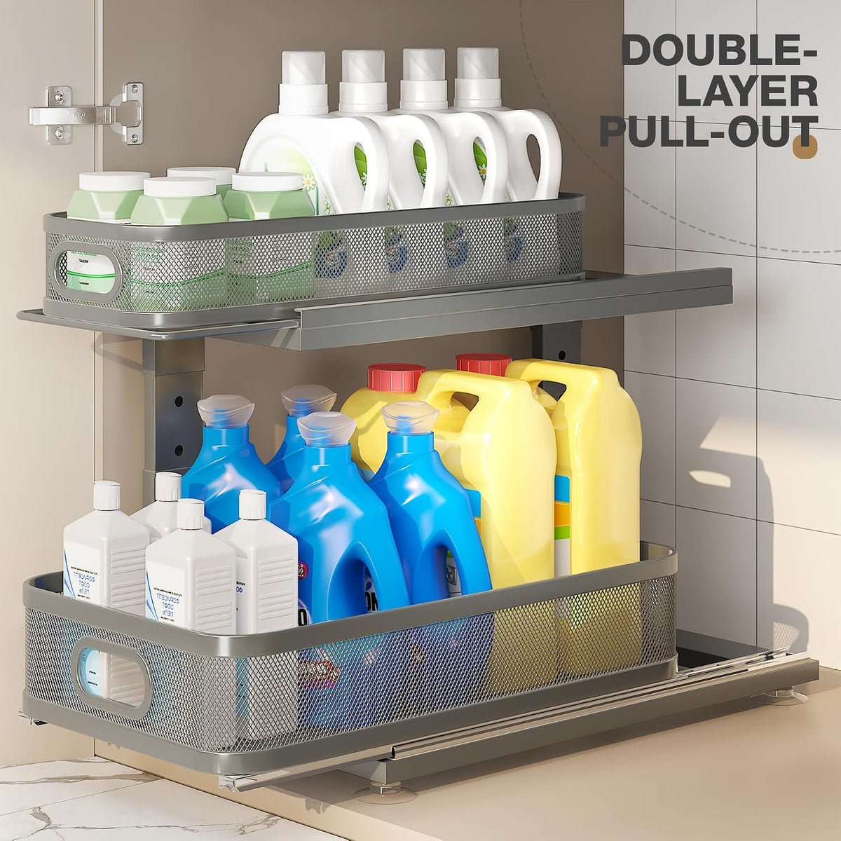 Under Sink Organizer With Next-Gen Ball-Bearing Slides,2-Tier Precision Mesh Pull Out Cabinet Drawers Storage for Bathroom&Kitchen,Height Adjustable Shelf,Rust-resistant-Patent Pending