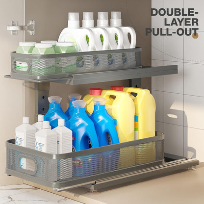 Under Sink Organizer With Next-Gen Ball-Bearing Slides,2-Tier Precision Mesh Pull Out Cabinet Drawers Storage for Bathroom&Kitchen,Height Adjustable Shelf,Rust-resistant-Patent Pending
