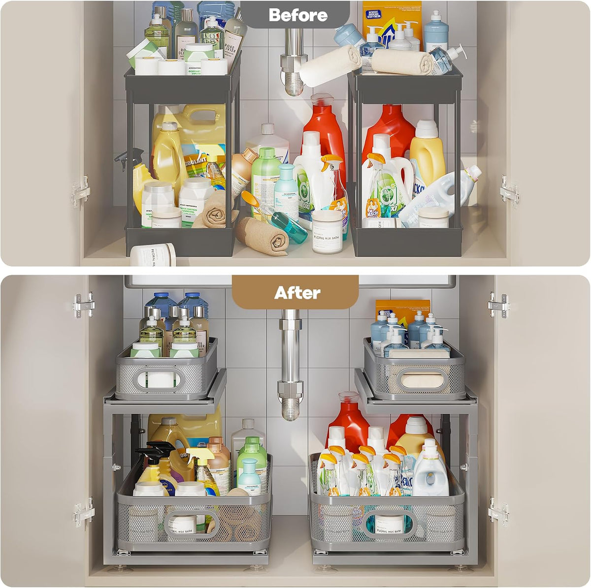 Under Sink Organizer With Next-Gen Ball-Bearing Slides,2-Tier Precision Mesh Pull Out Cabinet Drawers Storage for Bathroom&Kitchen,Height Adjustable Shelf,Rust-resistant-Patent Pending