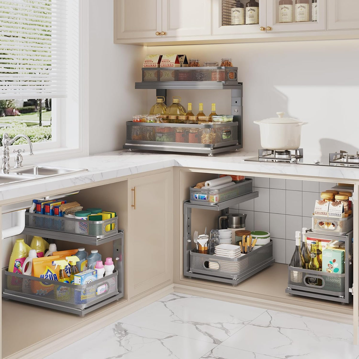 Under Sink Organizer With Next-Gen Ball-Bearing Slides,2-Tier Precision Mesh Pull Out Cabinet Drawers Storage for Bathroom&Kitchen,Height Adjustable Shelf,Rust-resistant-Patent Pending