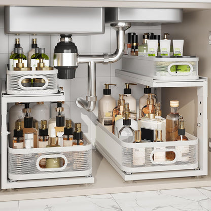 Under Sink Organizer With Next-Gen Ball-Bearing Slides,2-Tier Precision Mesh Pull Out Cabinet Drawers Storage for Bathroom&Kitchen,Height Adjustable Shelf,Rust-resistant-Patent Pending