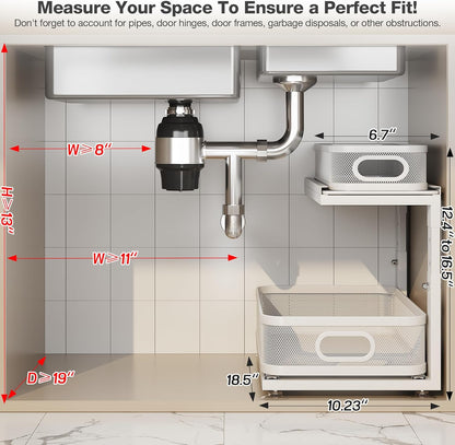 Under Sink Organizer With Next-Gen Ball-Bearing Slides,2-Tier Precision Mesh Pull Out Cabinet Drawers Storage for Bathroom&Kitchen,Height Adjustable Shelf,Rust-resistant-Patent Pending