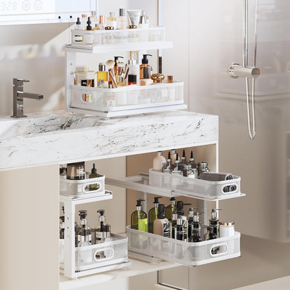Under Sink Organizer With Next-Gen Ball-Bearing Slides,2-Tier Precision Mesh Pull Out Cabinet Drawers Storage for Bathroom&Kitchen,Height Adjustable Shelf,Rust-resistant-Patent Pending