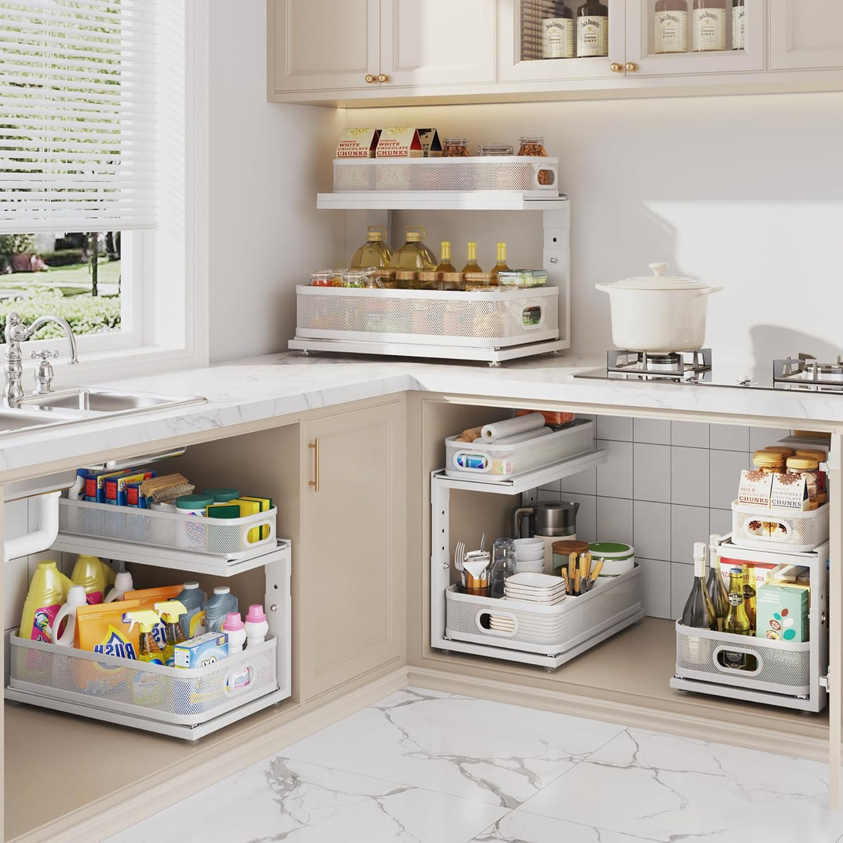 Under Sink Organizer With Next-Gen Ball-Bearing Slides,2-Tier Precision Mesh Pull Out Cabinet Drawers Storage for Bathroom&Kitchen,Height Adjustable Shelf,Rust-resistant-Patent Pending