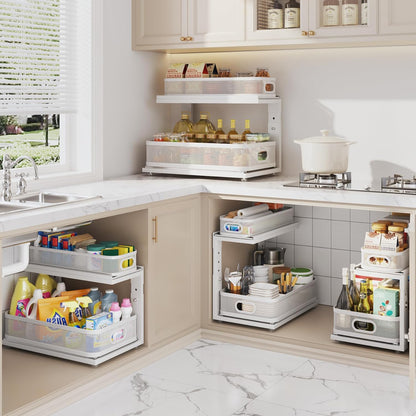 Under Sink Organizer With Next-Gen Ball-Bearing Slides,2-Tier Precision Mesh Pull Out Cabinet Drawers Storage for Bathroom&Kitchen,Height Adjustable Shelf,Rust-resistant-Patent Pending