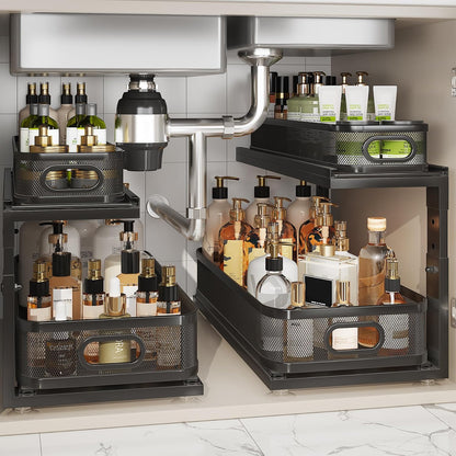 Under Sink Organizer With Next-Gen Ball-Bearing Slides,2-Tier Precision Mesh Pull Out Cabinet Drawers Storage for Bathroom&Kitchen,Height Adjustable Shelf,Rust-resistant-Patent Pending