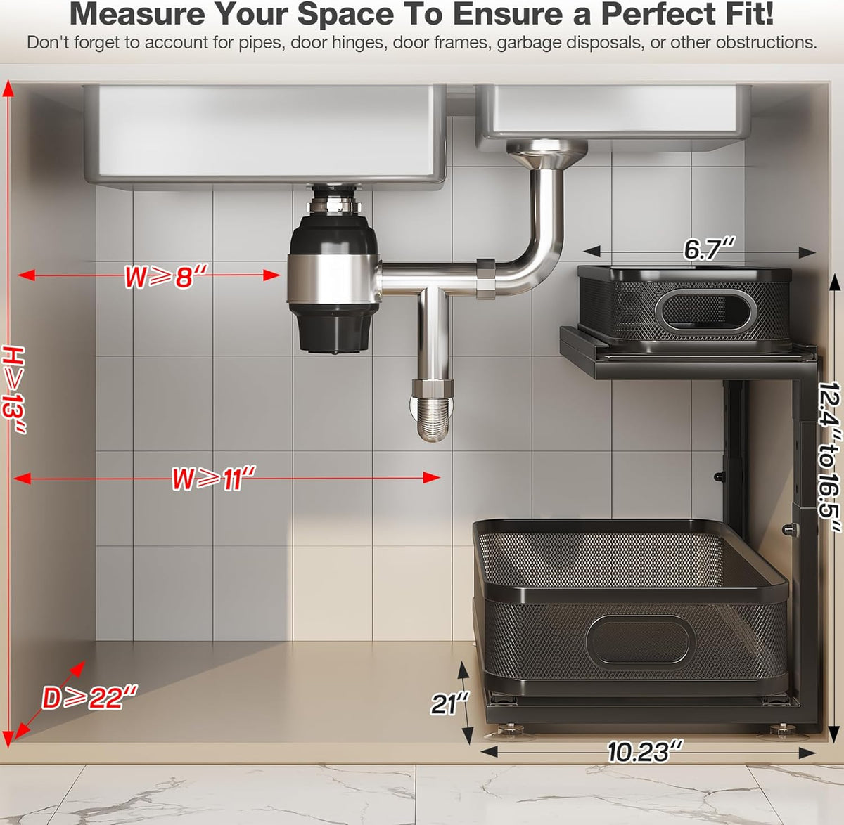 Under Sink Organizer With Next-Gen Ball-Bearing Slides,2-Tier Precision Mesh Pull Out Cabinet Drawers Storage for Bathroom&Kitchen,Height Adjustable Shelf,Rust-resistant-Patent Pending