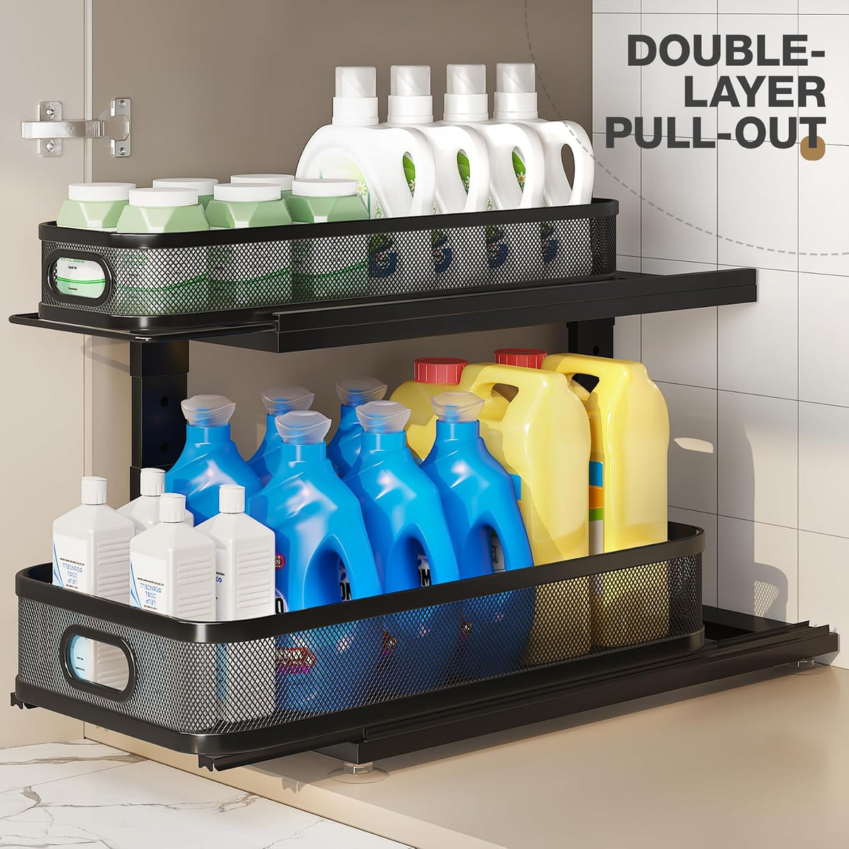 Under Sink Organizer With Next-Gen Ball-Bearing Slides,2-Tier Precision Mesh Pull Out Cabinet Drawers Storage for Bathroom&Kitchen,Height Adjustable Shelf,Rust-resistant-Patent Pending