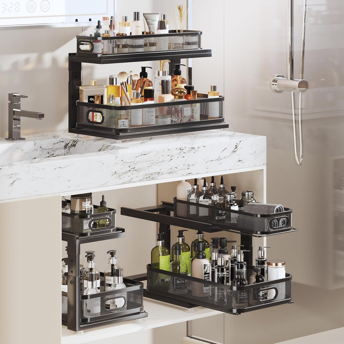 Under Sink Organizer With Next-Gen Ball-Bearing Slides,2-Tier Precision Mesh Pull Out Cabinet Drawers Storage for Bathroom&Kitchen,Height Adjustable Shelf,Rust-resistant-Patent Pending