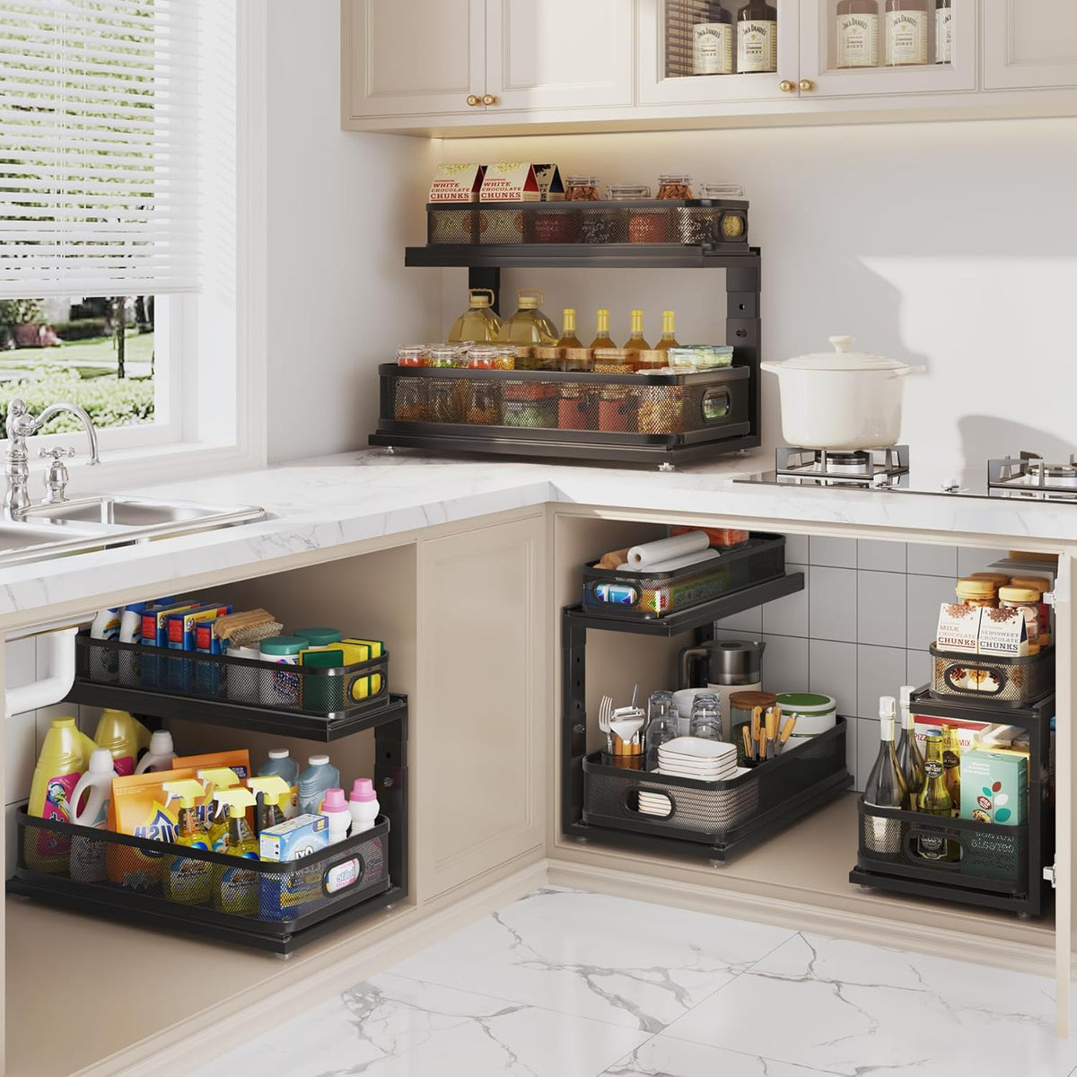 Under Sink Organizer With Next-Gen Ball-Bearing Slides,2-Tier Precision Mesh Pull Out Cabinet Drawers Storage for Bathroom&Kitchen,Height Adjustable Shelf,Rust-resistant-Patent Pending