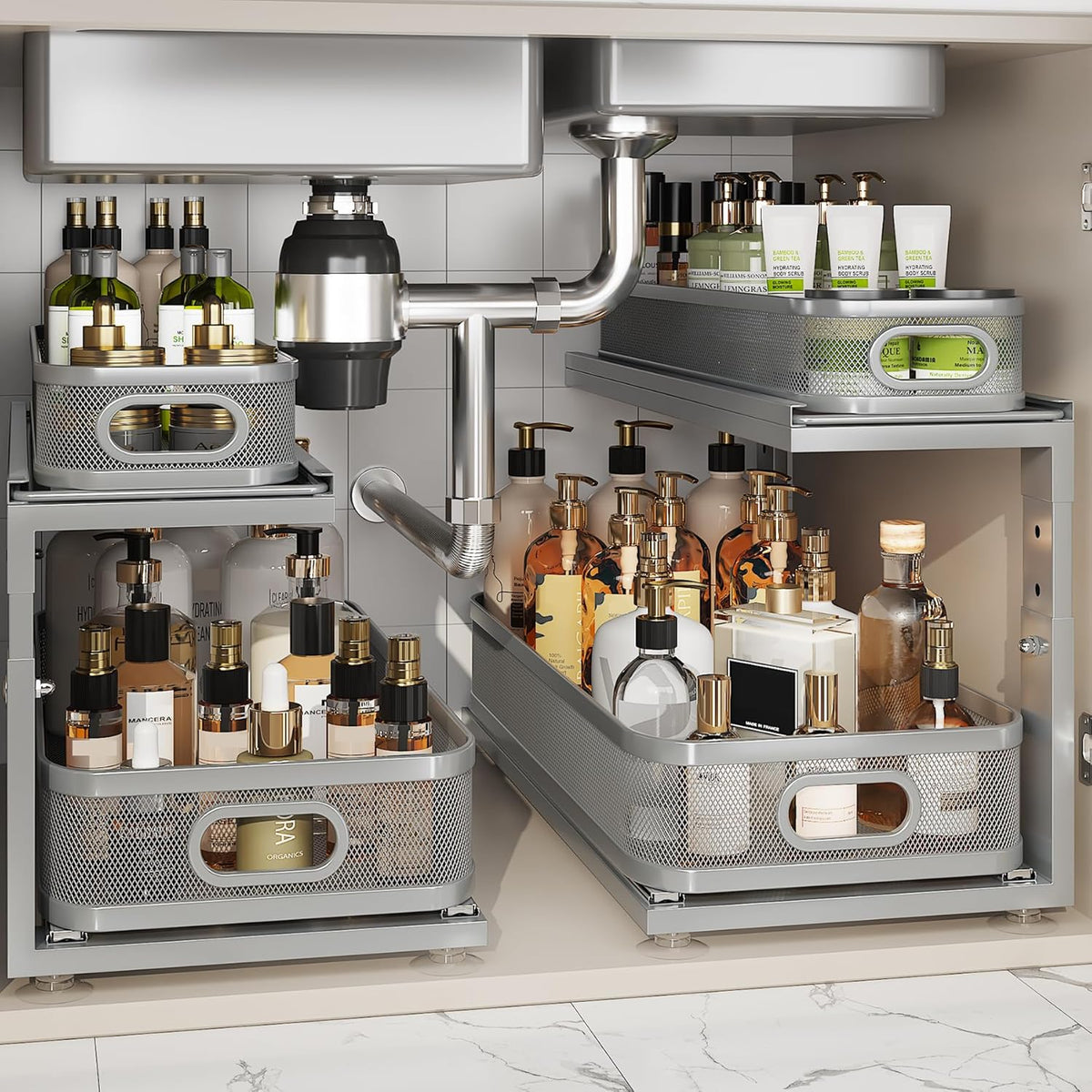 Under Sink Organizer With Next-Gen Ball-Bearing Slides,2-Tier Precision Mesh Pull Out Cabinet Drawers Storage for Bathroom&Kitchen,Height Adjustable Shelf,Rust-resistant-Patent Pending