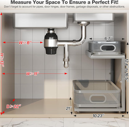 Under Sink Organizer With Next-Gen Ball-Bearing Slides,2-Tier Precision Mesh Pull Out Cabinet Drawers Storage for Bathroom&Kitchen,Height Adjustable Shelf,Rust-resistant-Patent Pending