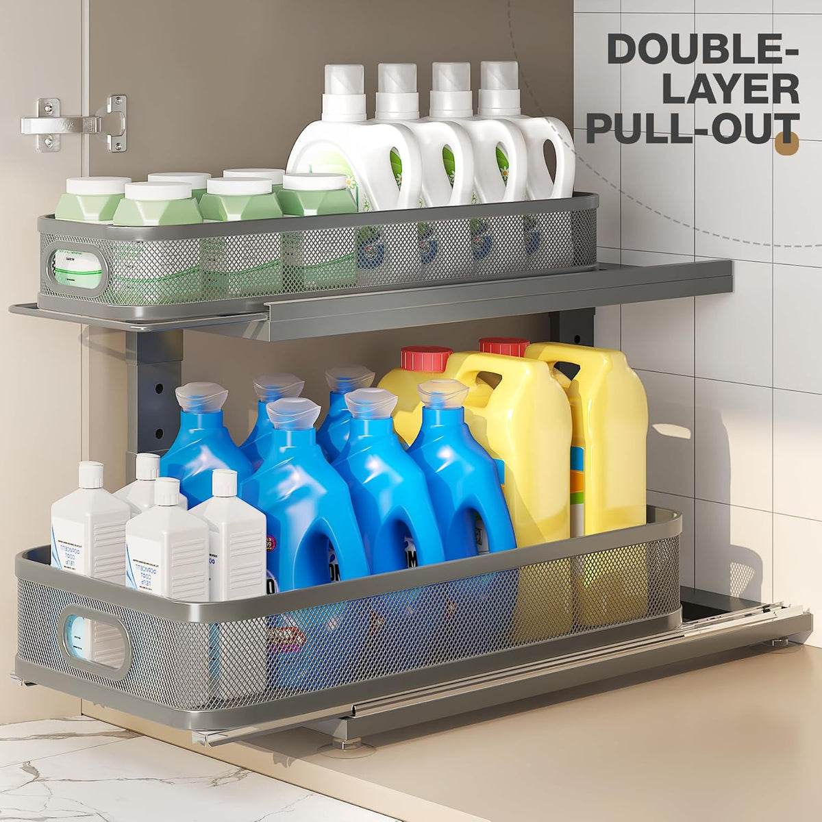 Under Sink Organizer With Next-Gen Ball-Bearing Slides,2-Tier Precision Mesh Pull Out Cabinet Drawers Storage for Bathroom&Kitchen,Height Adjustable Shelf,Rust-resistant-Patent Pending