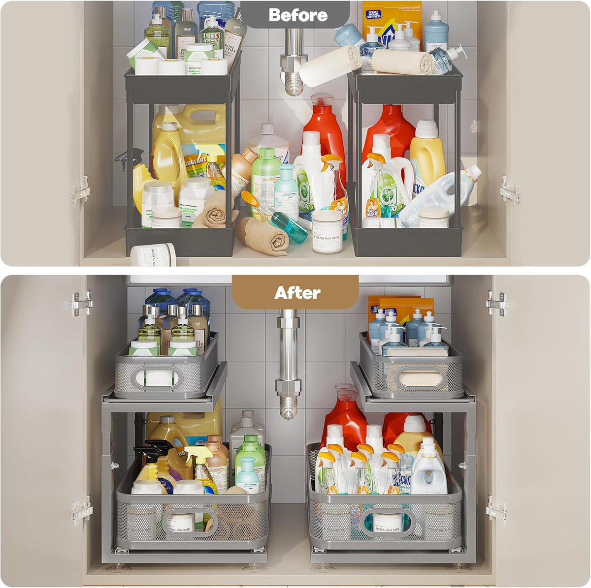 Under Sink Organizer With Next-Gen Ball-Bearing Slides,2-Tier Precision Mesh Pull Out Cabinet Drawers Storage for Bathroom&Kitchen,Height Adjustable Shelf,Rust-resistant-Patent Pending
