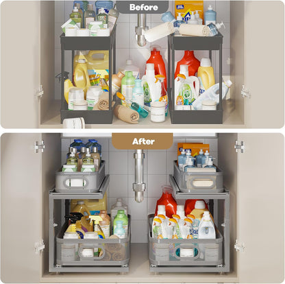 Under Sink Organizer With Next-Gen Ball-Bearing Slides,2-Tier Precision Mesh Pull Out Cabinet Drawers Storage for Bathroom&Kitchen,Height Adjustable Shelf,Rust-resistant-Patent Pending