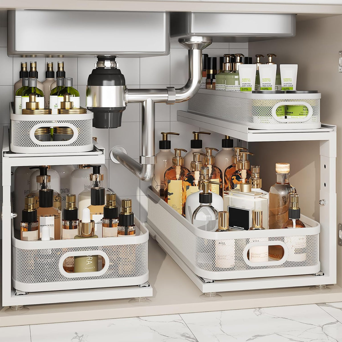 Under Sink Organizer With Next-Gen Ball-Bearing Slides,2-Tier Precision Mesh Pull Out Cabinet Drawers Storage for Bathroom&Kitchen,Height Adjustable Shelf,Rust-resistant-Patent Pending
