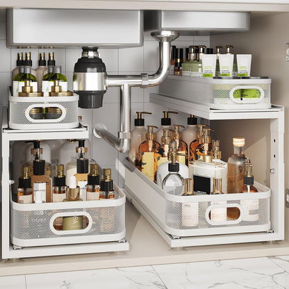 Under Sink Organizer With Next-Gen Ball-Bearing Slides,2-Tier Precision Mesh Pull Out Cabinet Drawers Storage for Bathroom&Kitchen,Height Adjustable Shelf,Rust-resistant-Patent Pending