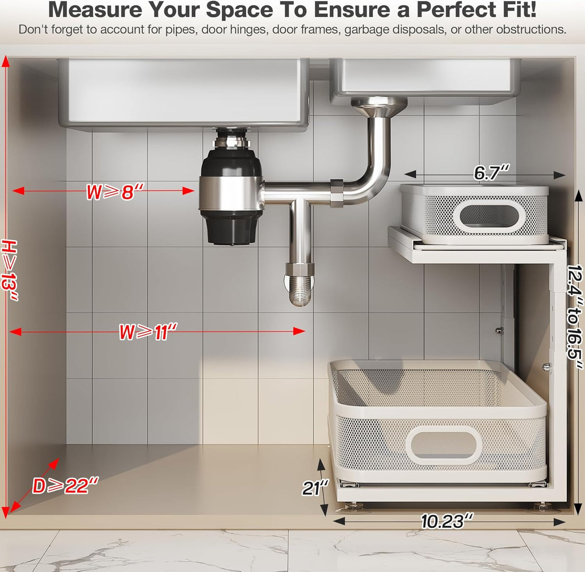 Under Sink Organizer With Next-Gen Ball-Bearing Slides,2-Tier Precision Mesh Pull Out Cabinet Drawers Storage for Bathroom&Kitchen,Height Adjustable Shelf,Rust-resistant-Patent Pending