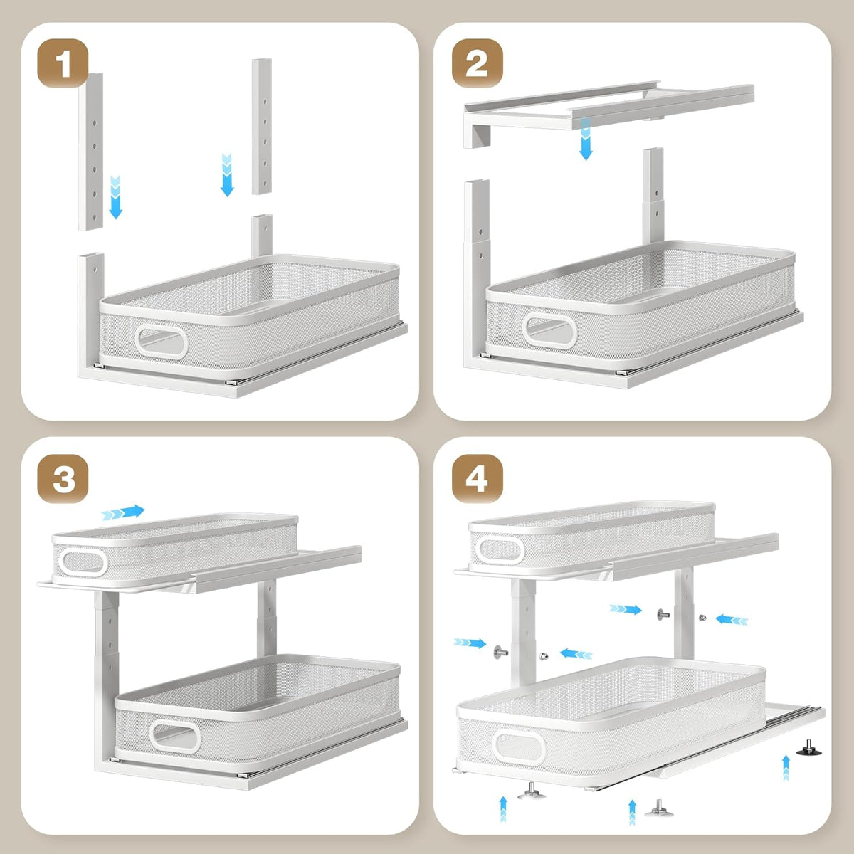 Under Sink Organizer With Next-Gen Ball-Bearing Slides,2-Tier Precision Mesh Pull Out Cabinet Drawers Storage for Bathroom&Kitchen,Height Adjustable Shelf,Rust-resistant-Patent Pending