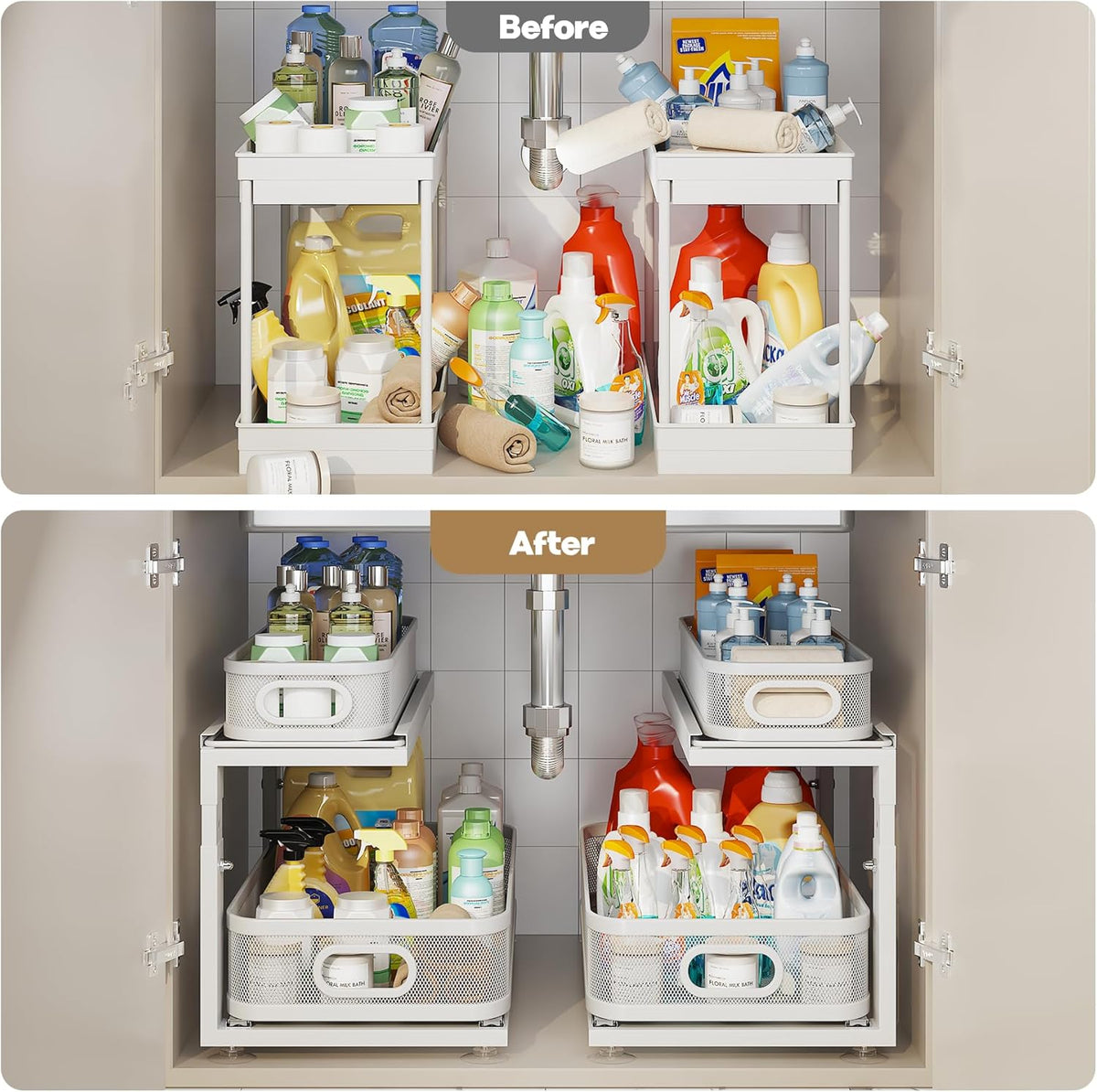 Under Sink Organizer With Next-Gen Ball-Bearing Slides,2-Tier Precision Mesh Pull Out Cabinet Drawers Storage for Bathroom&Kitchen,Height Adjustable Shelf,Rust-resistant-Patent Pending