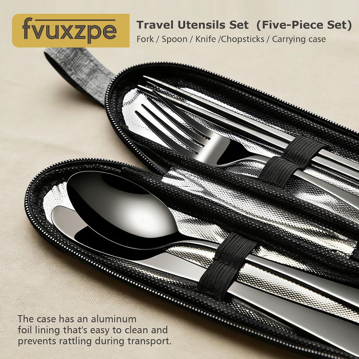 Matte Black 5-Piece Stainless Steel Travel Utensil Set with Waterproof Case, Reusable Portable Flatware Includes Knife, Fork, Spoon, Chopsticks for Camping, Office, Picnic & Daily Use