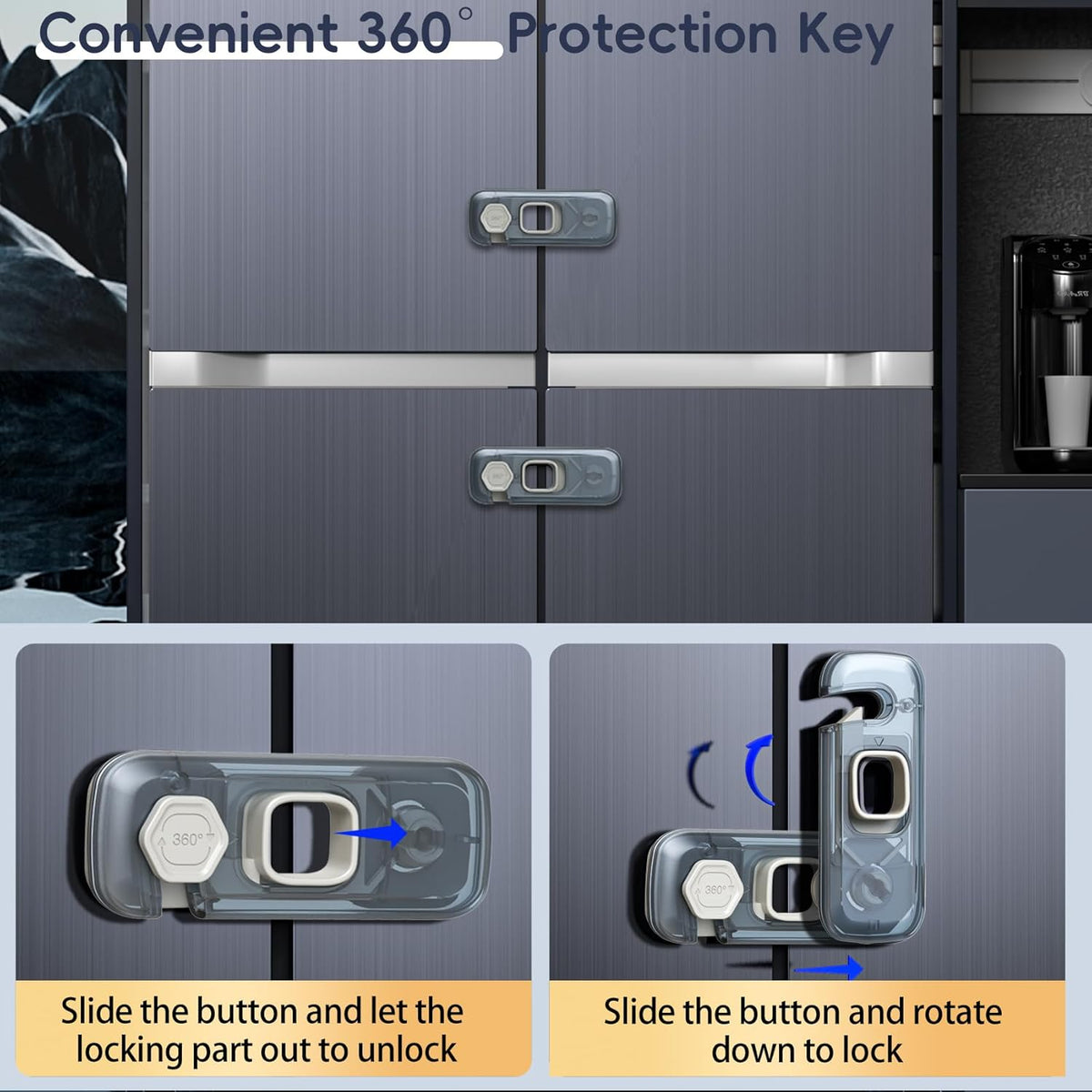 Fridge Locks, Child Proof Refrigerator/Freezer Door Lock, Child Safety Cabinet Lock with Adhesive Pads -Freezer Latch to Keep Door Closed for Latches,Drawer,Closets,Oven (Clear-Blue)