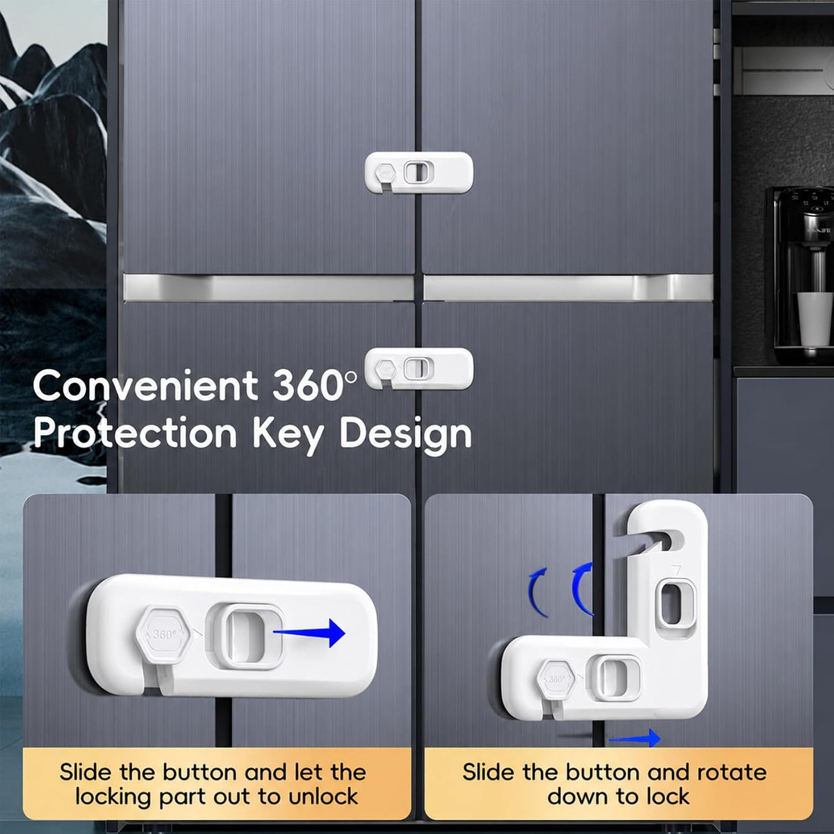 Fridge Locks, Child Proof Refrigerator/Freezer Door Lock, Child Safety Cabinet Lock with Adhesive Pads -Freezer Latch to Keep Door Closed for Latches,Drawer,Closets,Oven (Clear-Blue)