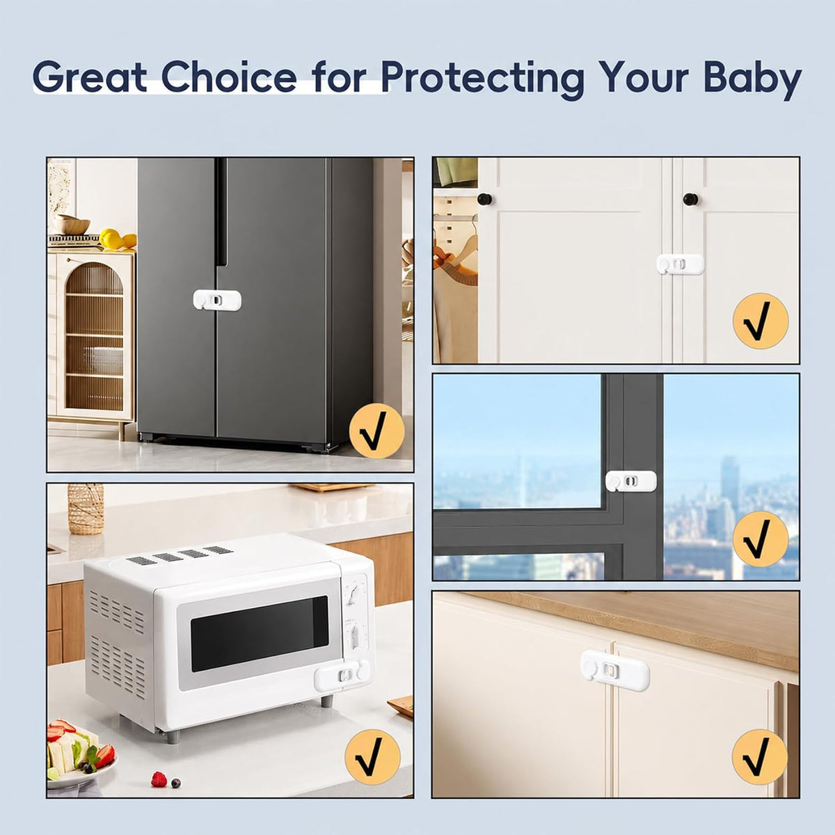 Fridge Locks, Child Proof Refrigerator/Freezer Door Lock, Child Safety Cabinet Lock with Adhesive Pads -Freezer Latch to Keep Door Closed for Latches,Drawer,Closets,Oven (Clear-Blue)
