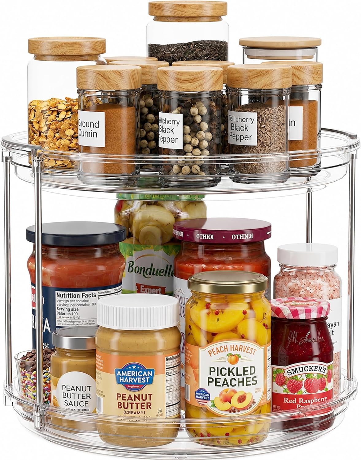 2 Tier Lazy Susan Organizer for Cabinet, Clear Acrylic Rotating Spice Rack Turntable for Kitchen, Pantry, Countertop, Bathroom, Vanity – Double Tier Storage Carousel with Metal Supports