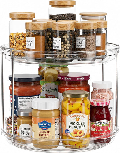 2 Tier Lazy Susan Organizer for Cabinet, Clear Acrylic Rotating Spice Rack Turntable for Kitchen, Pantry, Countertop, Bathroom, Vanity – Double Tier Storage Carousel with Metal Supports
