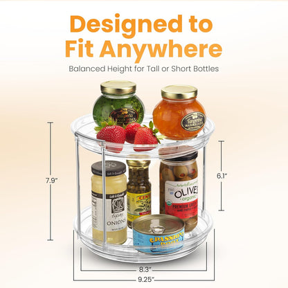 2 Tier Lazy Susan Organizer for Cabinet, Clear Acrylic Rotating Spice Rack Turntable for Kitchen, Pantry, Countertop, Bathroom, Vanity – Double Tier Storage Carousel with Metal Supports
