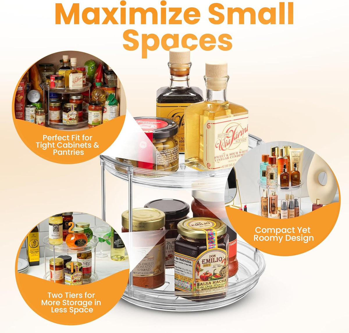 2 Tier Lazy Susan Organizer for Cabinet, Clear Acrylic Rotating Spice Rack Turntable for Kitchen, Pantry, Countertop, Bathroom, Vanity – Double Tier Storage Carousel with Metal Supports