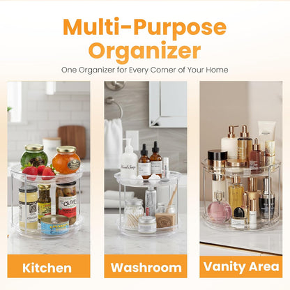 2 Tier Lazy Susan Organizer for Cabinet, Clear Acrylic Rotating Spice Rack Turntable for Kitchen, Pantry, Countertop, Bathroom, Vanity – Double Tier Storage Carousel with Metal Supports