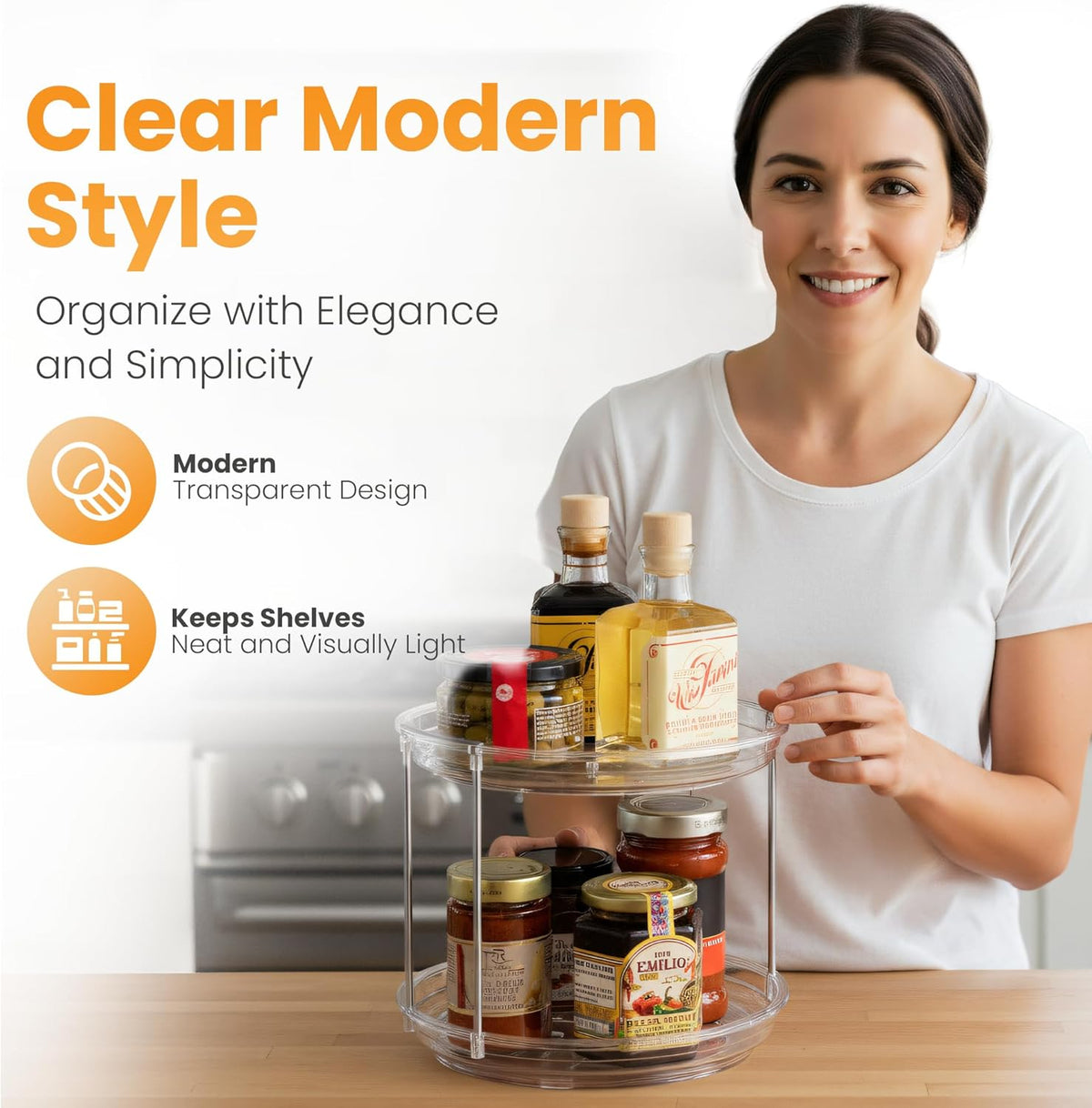 2 Tier Lazy Susan Organizer for Cabinet, Clear Acrylic Rotating Spice Rack Turntable for Kitchen, Pantry, Countertop, Bathroom, Vanity – Double Tier Storage Carousel with Metal Supports