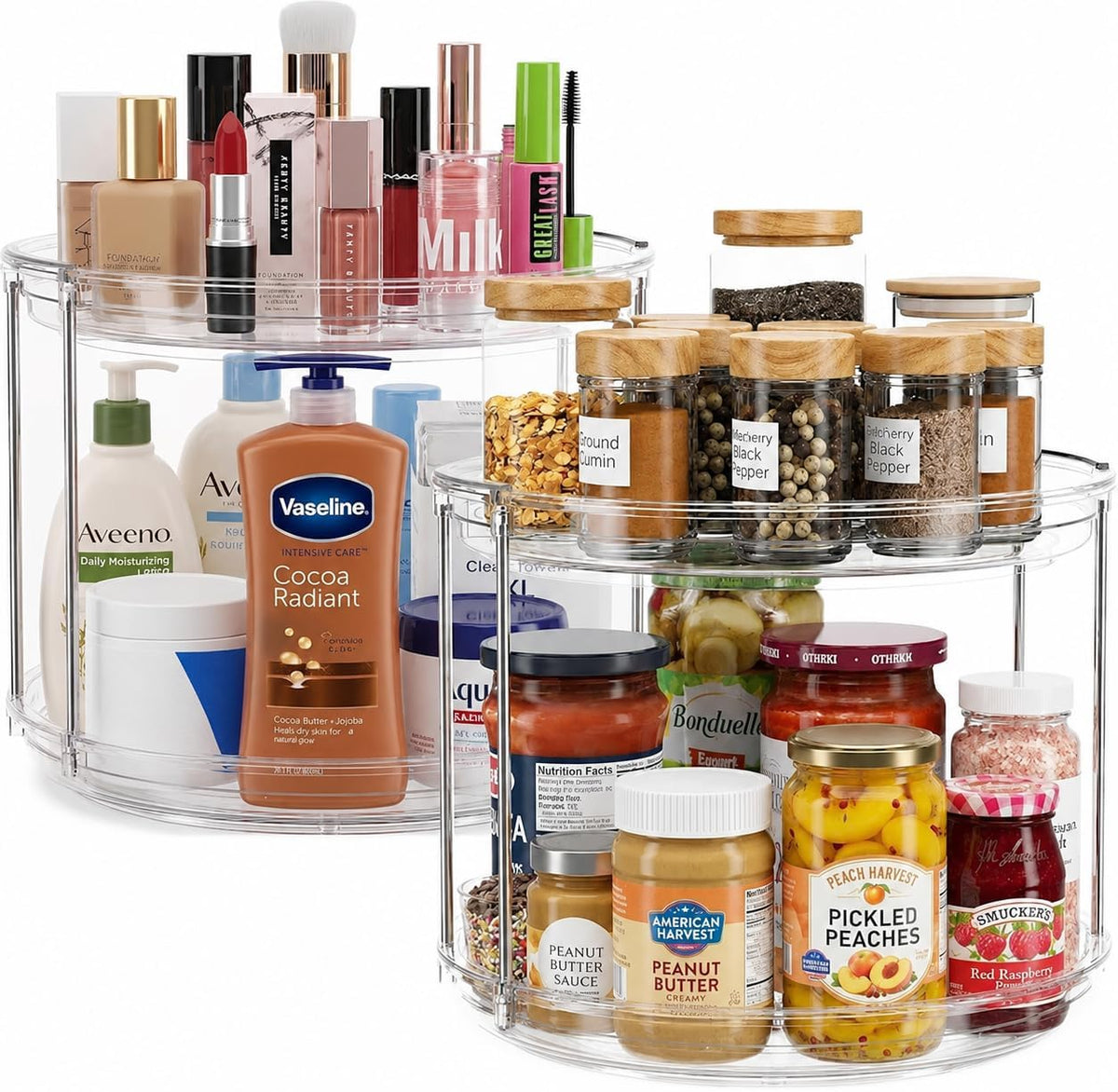 2 Tier Lazy Susan Organizer for Cabinet, Clear Acrylic Rotating Spice Rack Turntable for Kitchen, Pantry, Countertop, Bathroom, Vanity – Double Tier Storage Carousel with Metal Supports