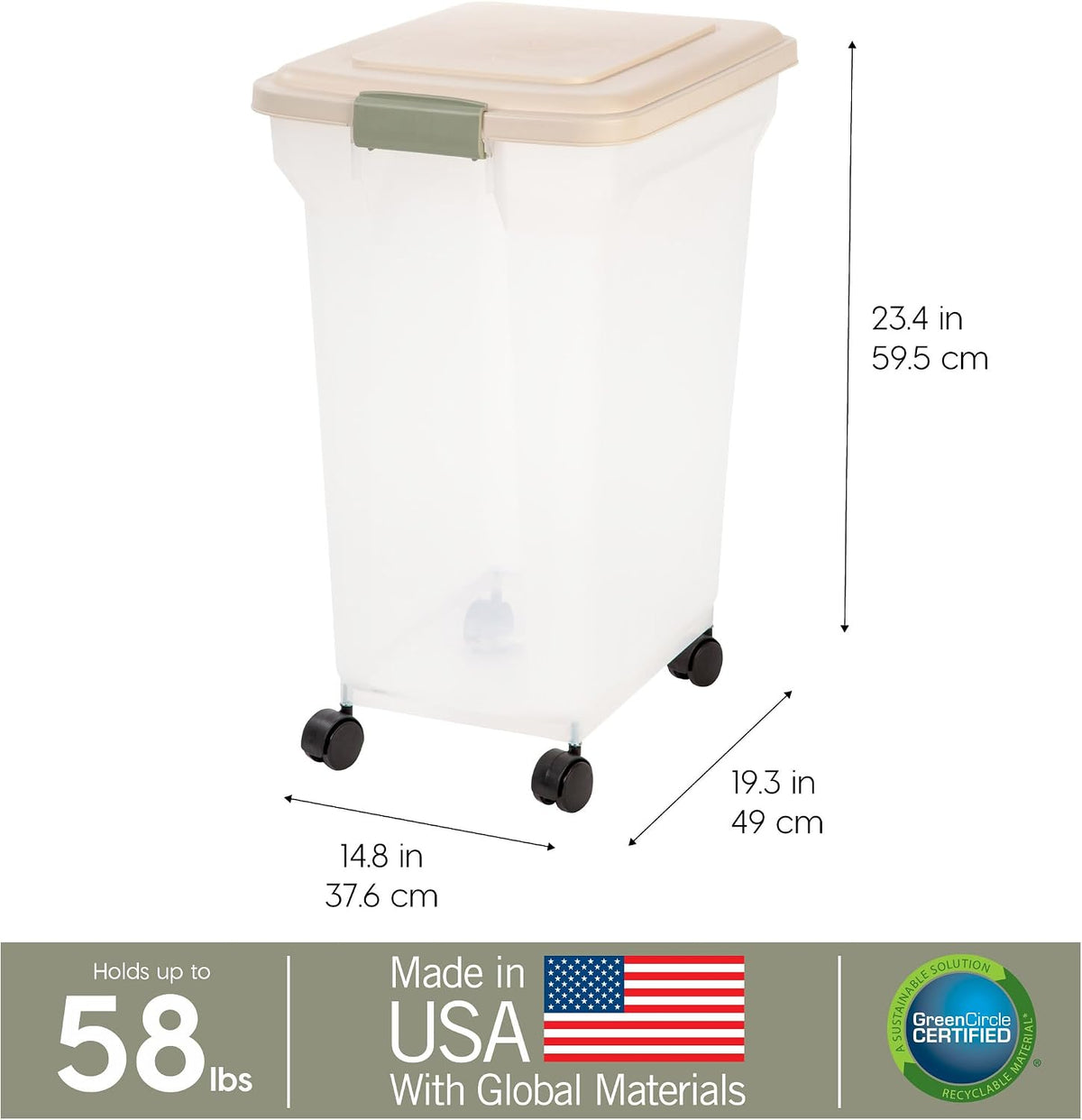 Dog Food Storage Container, Up to 58 lbs, Smoke Black, Made in USA | Wheels for Mobility, Airtight Seal, BPA-Free, Best for Bird Seed, Cat food, Cat Litter, Chicken Feed, Pellets