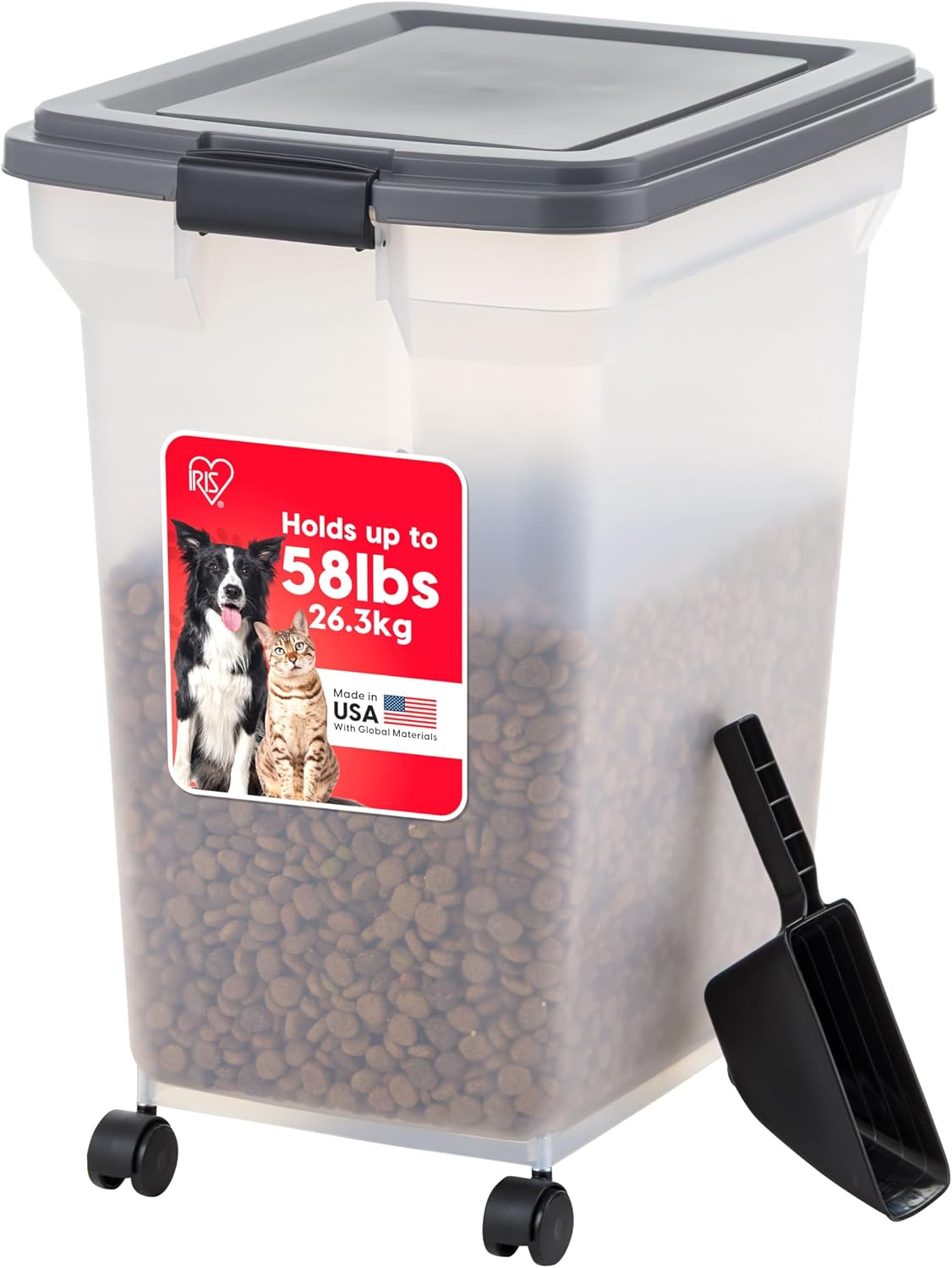 Dog Food Storage Container, Up to 58 lbs, Smoke Black, Made in USA | Wheels for Mobility, Airtight Seal, BPA-Free, Best for Bird Seed, Cat food, Cat Litter, Chicken Feed, Pellets