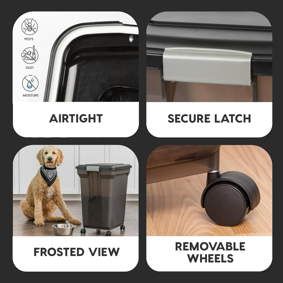 Dog Food Storage Container, Up to 58 lbs, Smoke Black, Made in USA | Wheels for Mobility, Airtight Seal, BPA-Free, Best for Bird Seed, Cat food, Cat Litter, Chicken Feed, Pellets